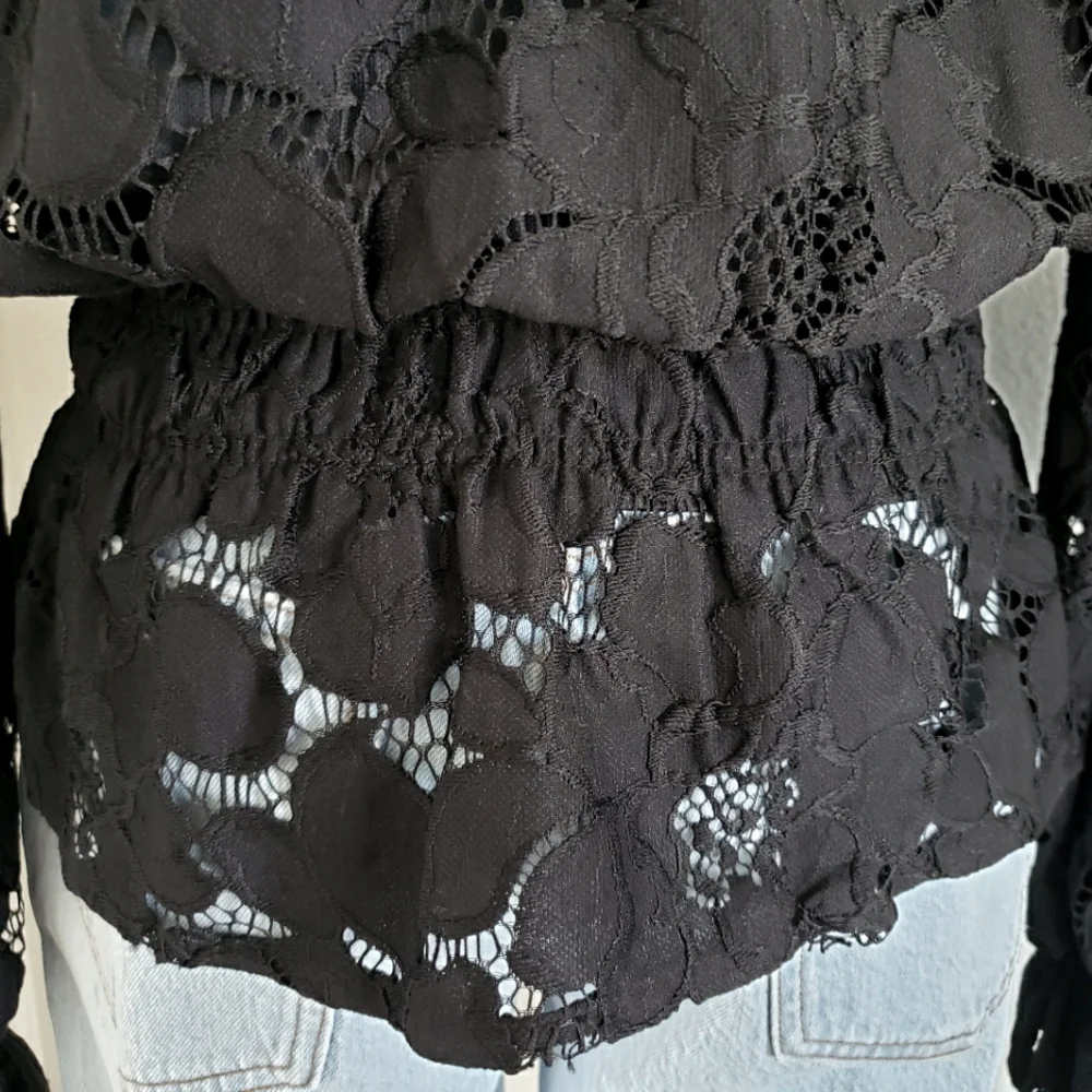 MARC NEW YORK Black Long Sleeve Lace Blouson Peplum Blouse--NWT--S - Picture 2 of 14